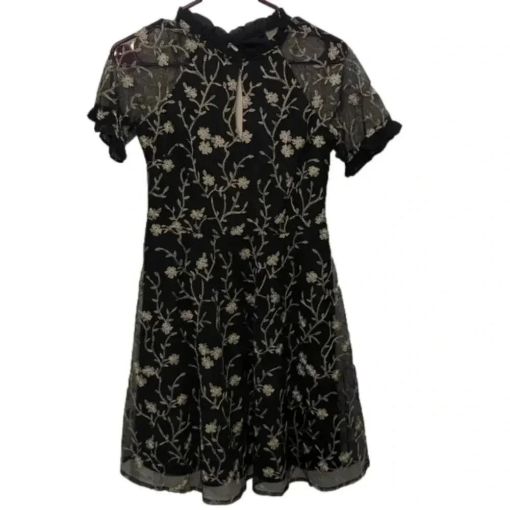 Kensie Floral-Embroidered Mesh Mini Dress